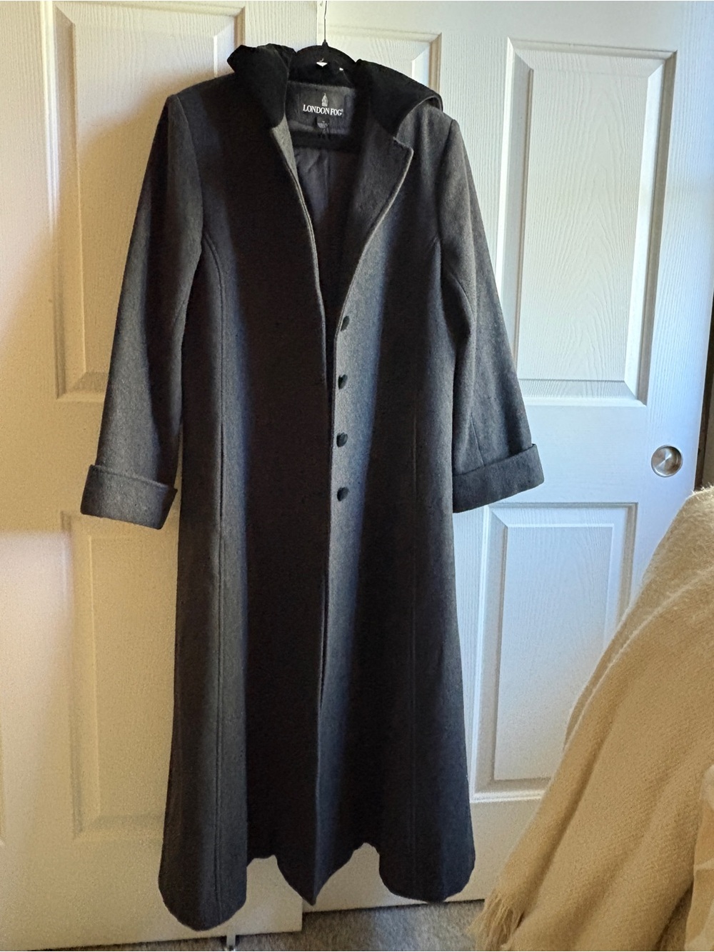 London Fog Women's Dark Gray Long Wool-Blend Coat with velvet Hood